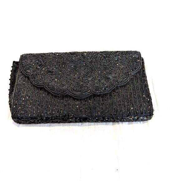 Vintage Glass Beaded Envelope HandBag Black Amazing Design Cocktail evening Glam - Picture 1 of 7